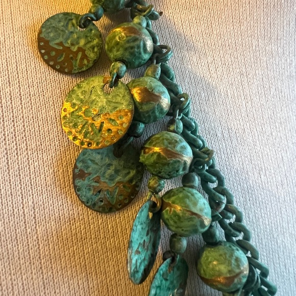 Bohemian Antique Brass Bell Turquoise and Gold Tone Necklace - Picture 3 of 5